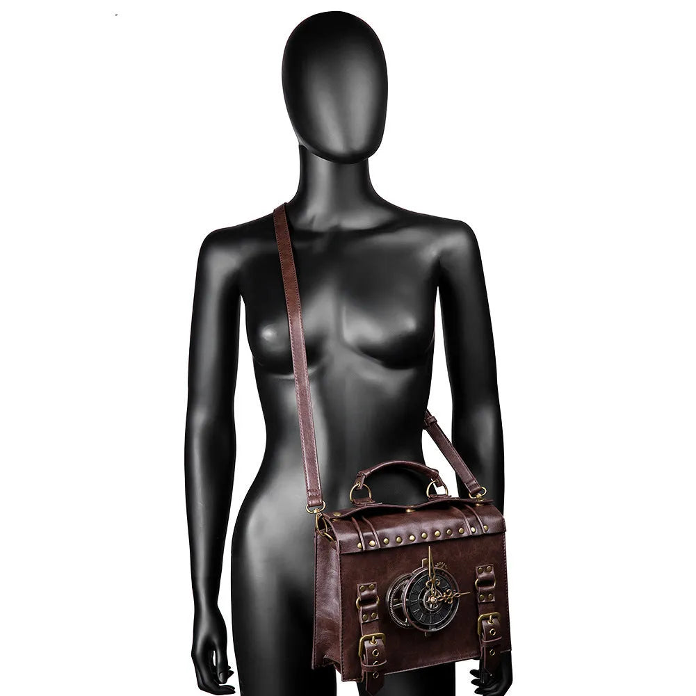 Bronze steampunk industrial retro style shoulder bag with metal hardware