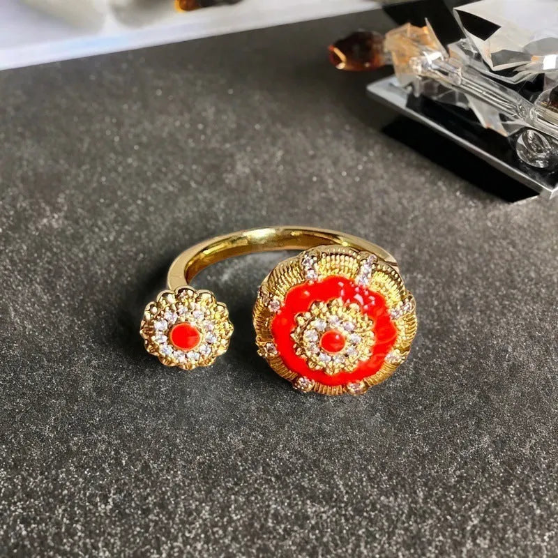 Adjustable copper women's ring with vintage oil drip finish, gourd shape, and inlaid zircon stones in floral and bow designs.