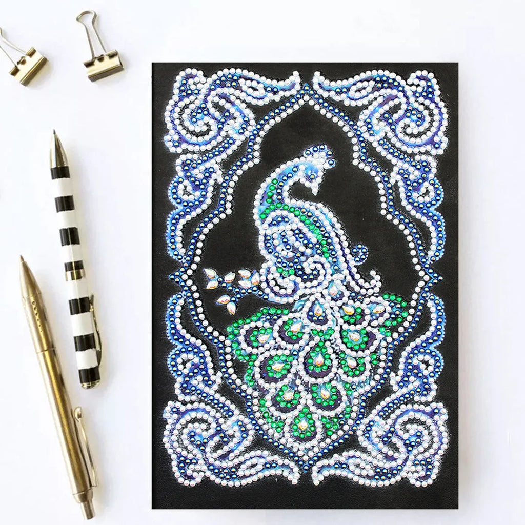 A5 black diamond painting notebook with peacock design using shaped and bright drill techniques
