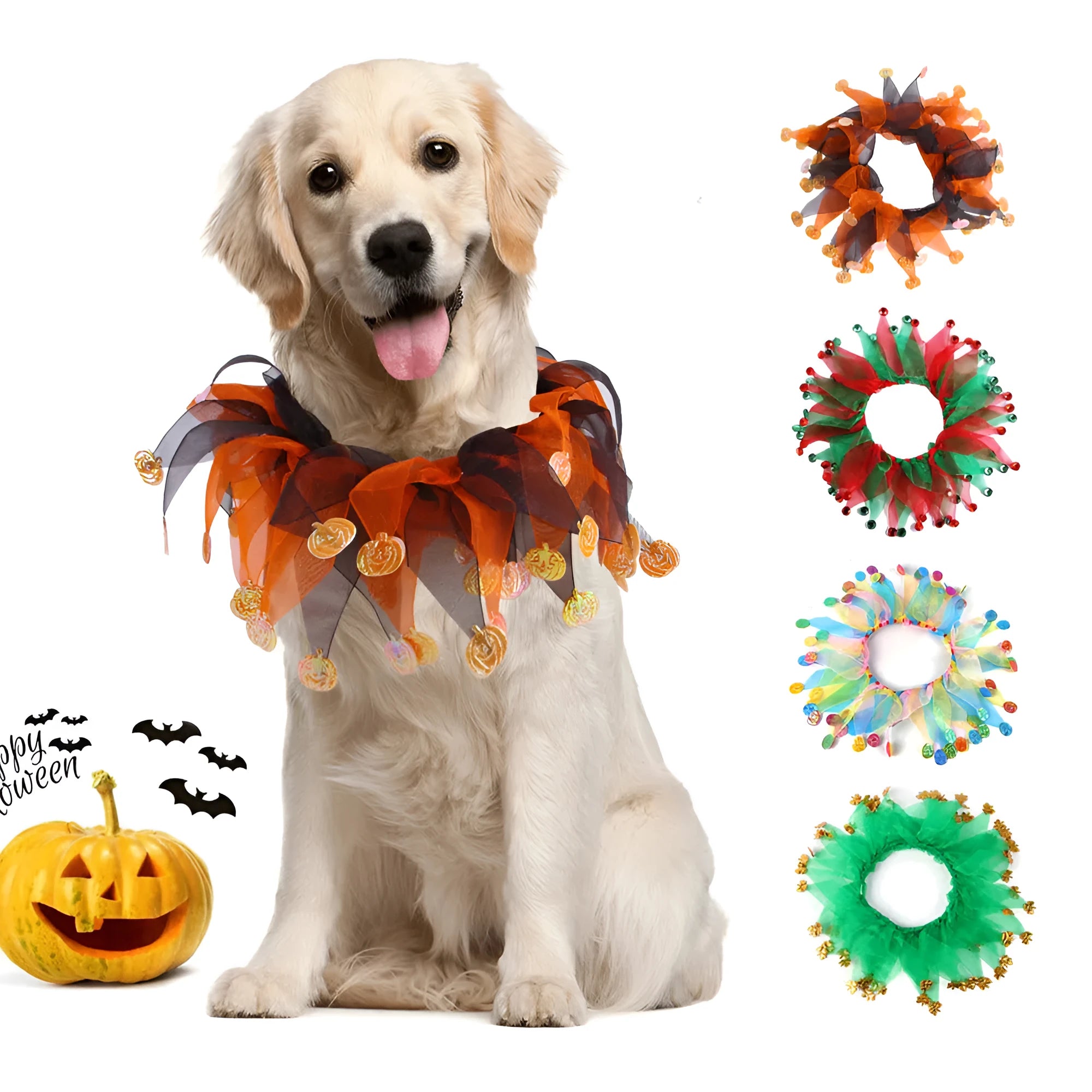 Colourful cloth dog collar with tie dye patterns in seasonal colours