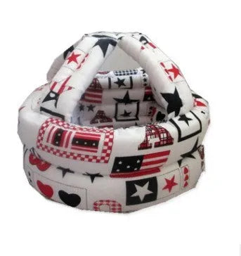 Baby anti collision hat with high-density sponge padding, adjustable headband, breathable cotton outer, colourful design