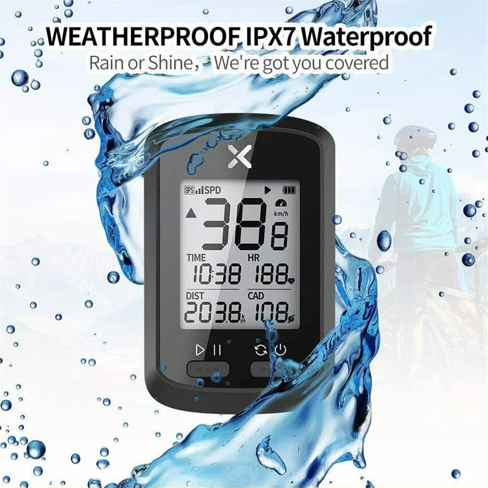 Black waterproof plastic bicycle stopwatch mounted on handlebars for cycling timing