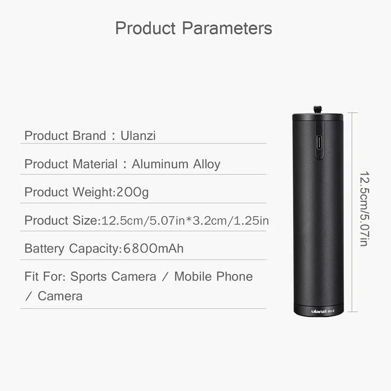Black aluminium alloy power bank with carrying handle showing 6800mAh capacity and compact 12.5cm design