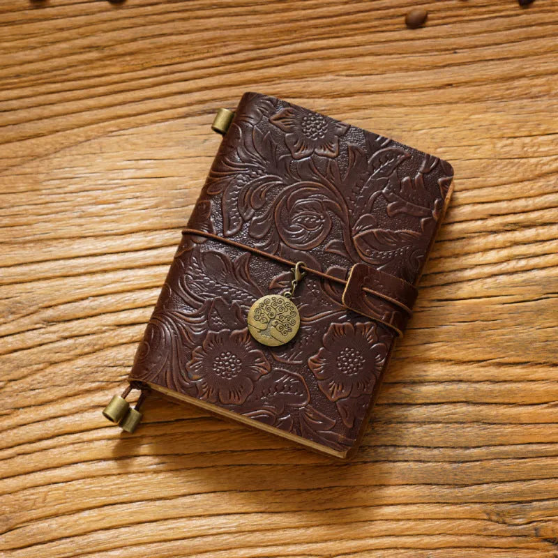 Creative vintage engraving cowhide travel notepad in black A5 size with genuine leather cover