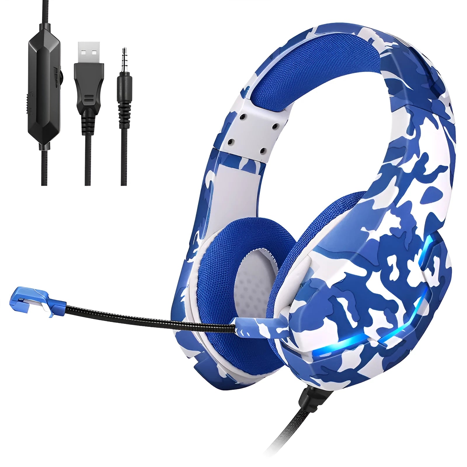 Wired gaming headset with cloth earmuffs and braided cable in camouflage design