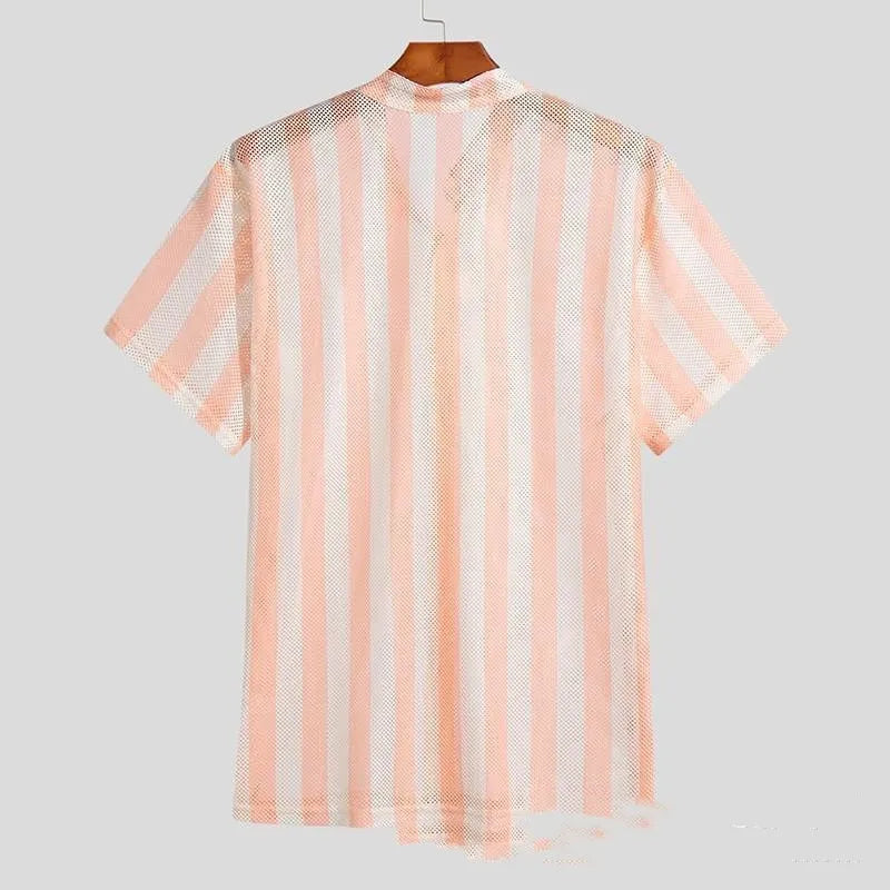 Pink men's loose fit short sleeve cardigan with waffle hole texture on a hanger