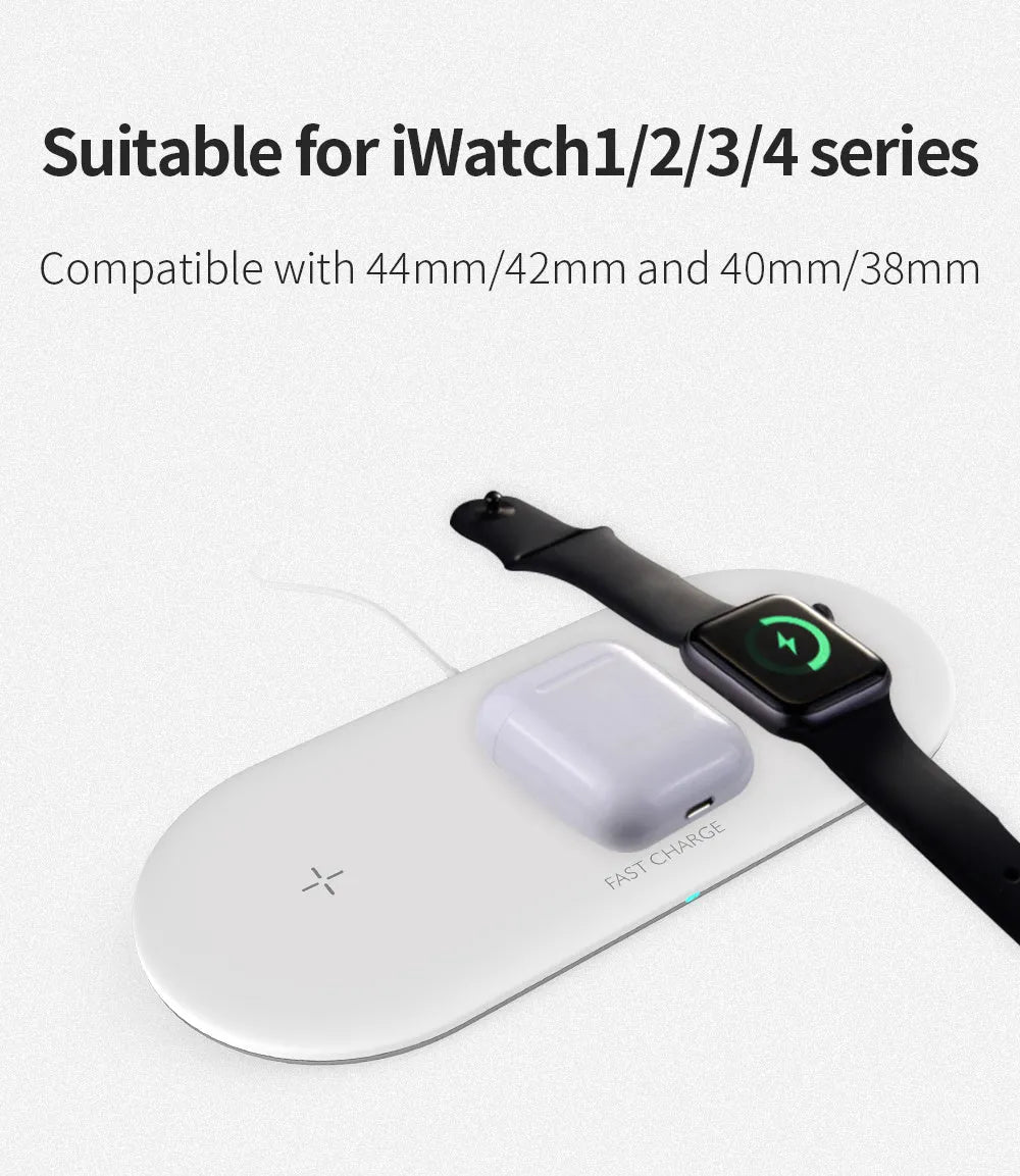 Black and white 3-in-1 wireless charging station for iPhone, Apple Watch and AirPods on a desk.