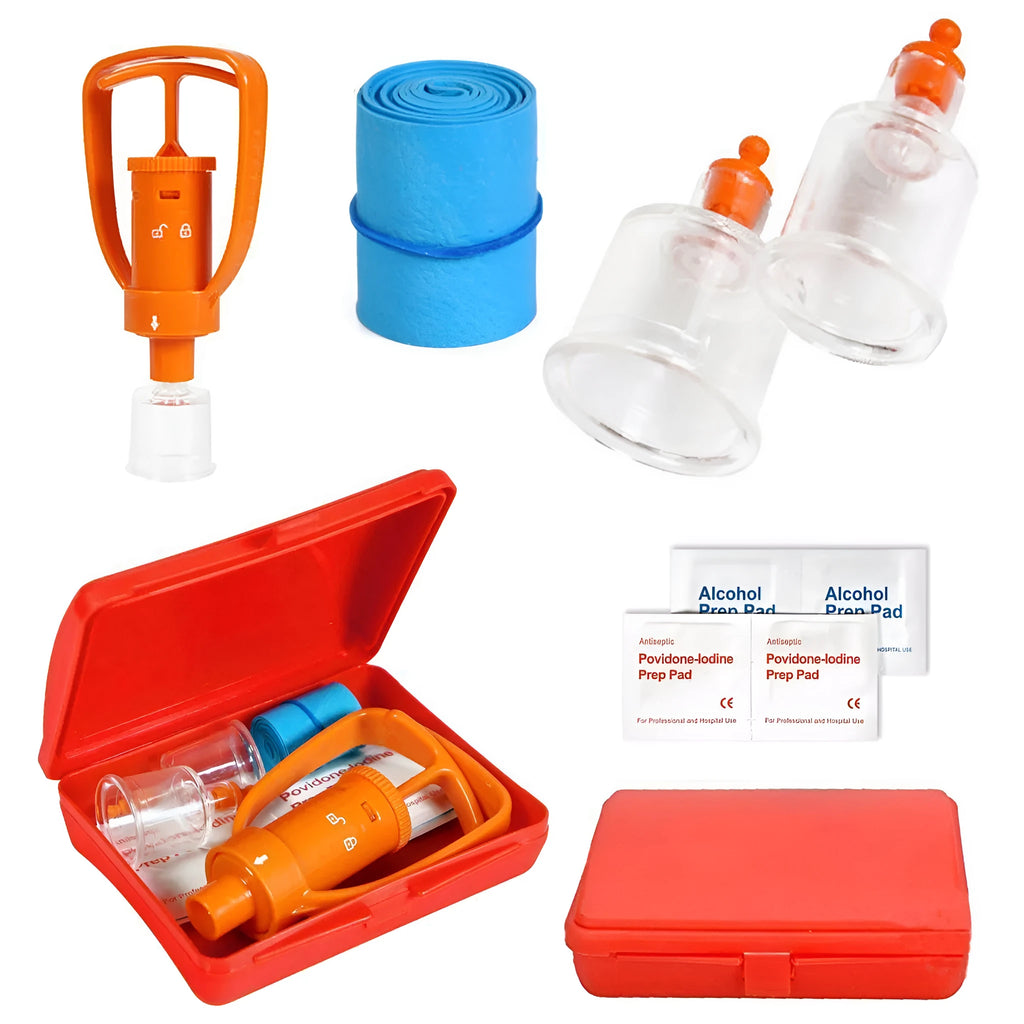 Orange venom extraction suction device with storage box, suction pump, two suction cups, and first aid accessories for outdoor emergencies