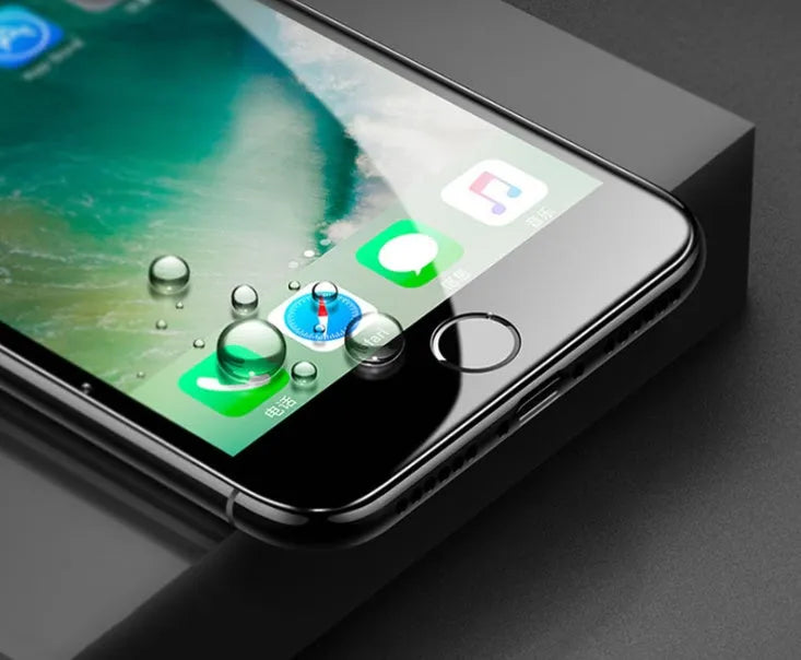 iPhone tempered glass screen protector with black carbon fibre soft edge and anti-fingerprint coating