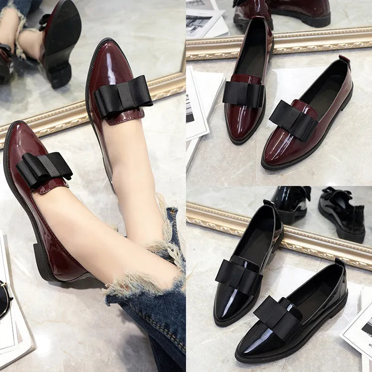 Women's patent leather bowtie ballet flats in black pointed toe low heel size EU 35-40
