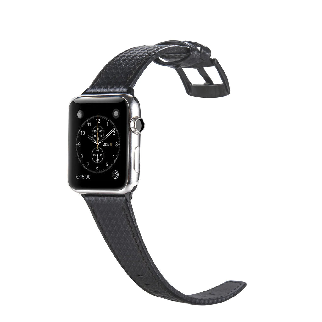 Carbon fibre pattern leather iPhone watch strap and matching hard shell case in four colour options