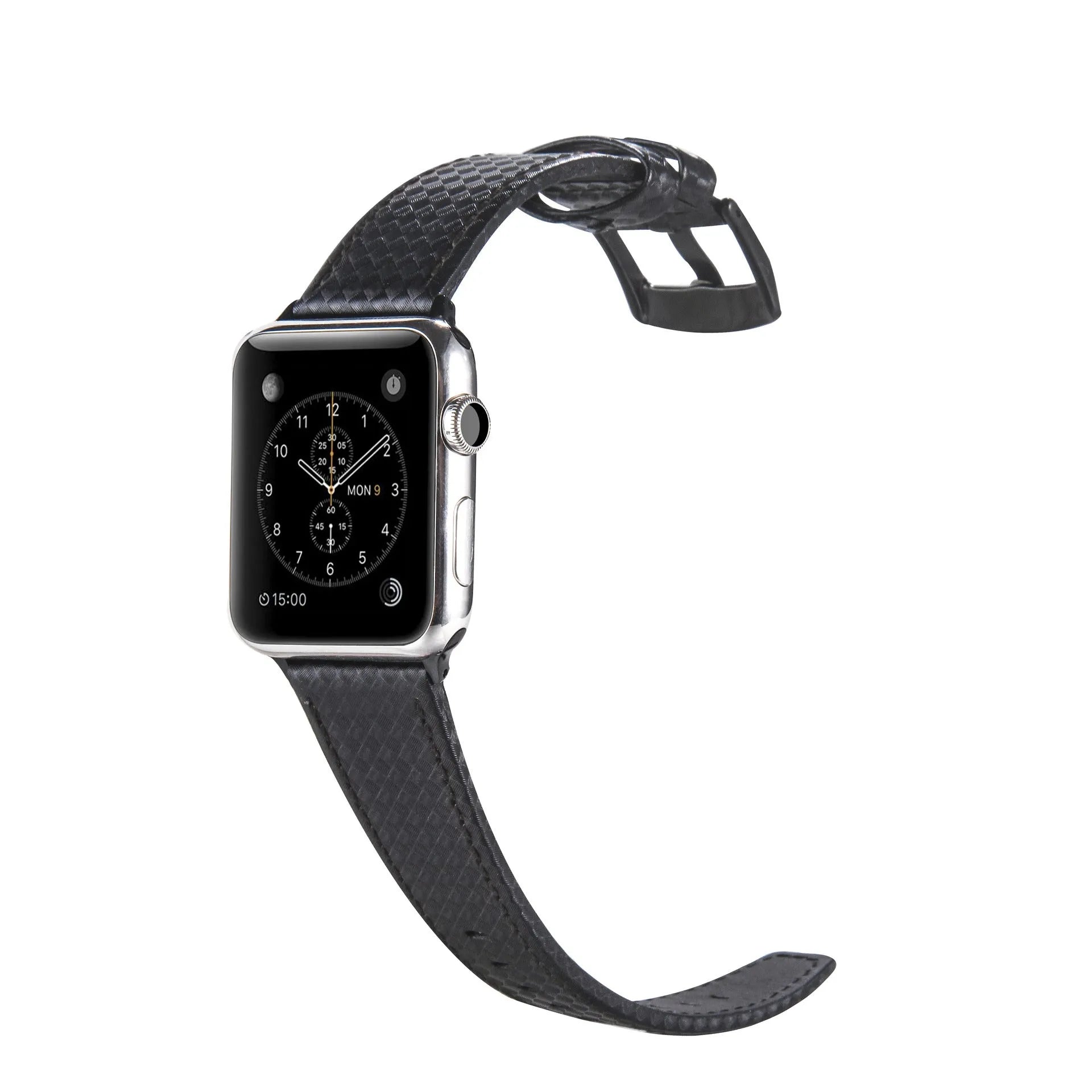 Carbon fibre pattern leather iPhone watch strap and matching hard shell case in four colour options