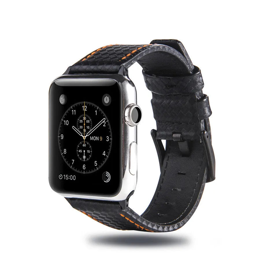 Carbon fibre pattern leather iPhone watch strap and matching hard shell case in four colour options