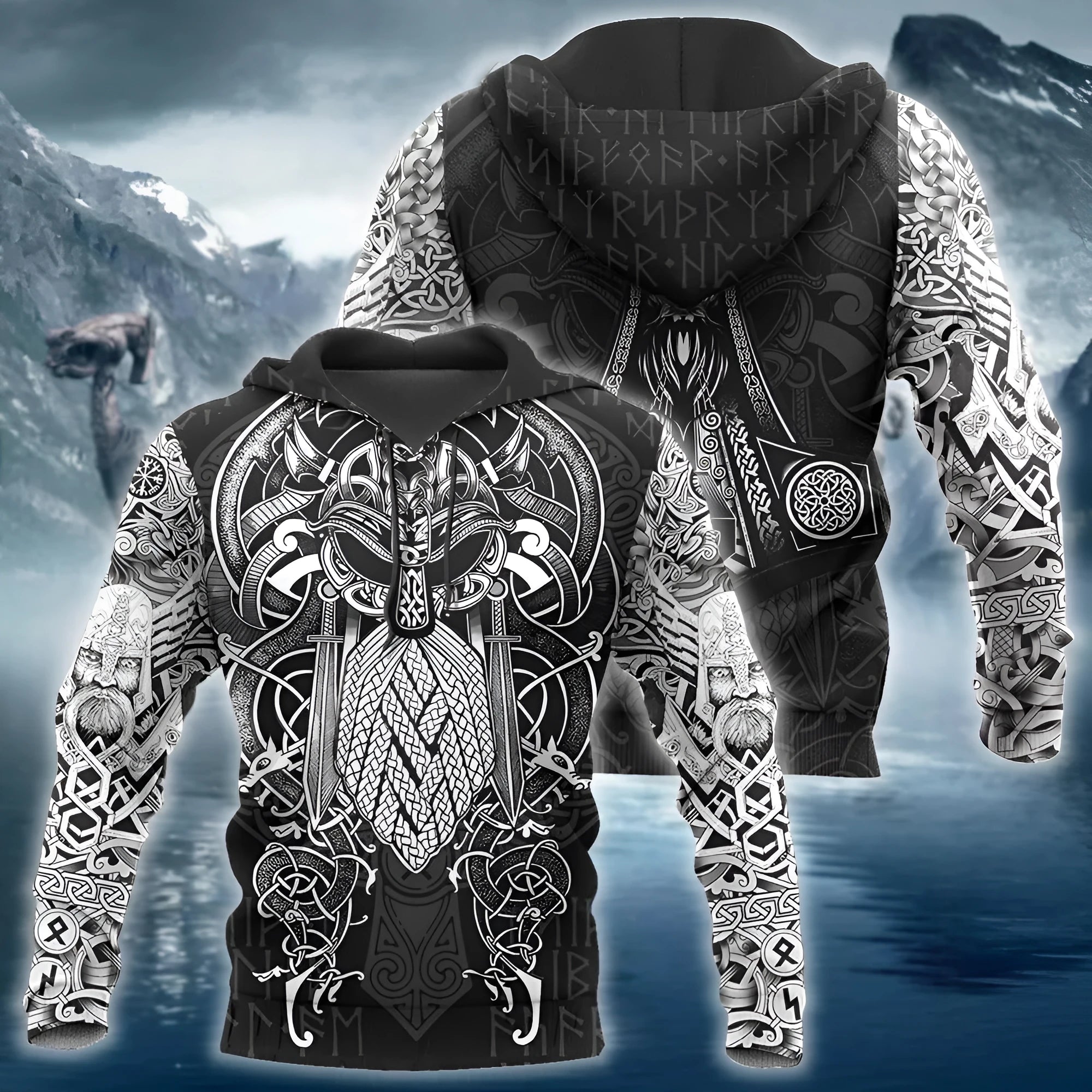 Black Viking Odin 3D tattoo printed hoodie for men and women streetwear unisex sweatshirt