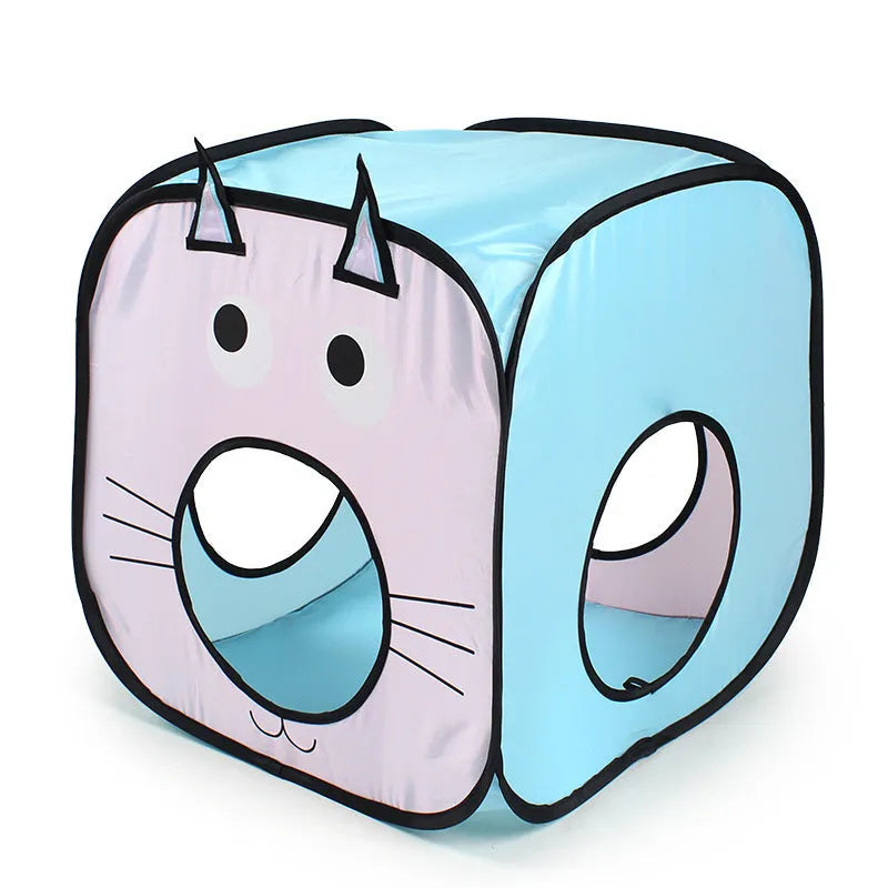 Foldable three-piece cat tent and tunnel set in a cat and fish design, made from white PP plastic.