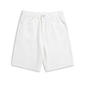 Men's light blue denim shorts with straight legs and a zipper fly on a mid-rise waist.