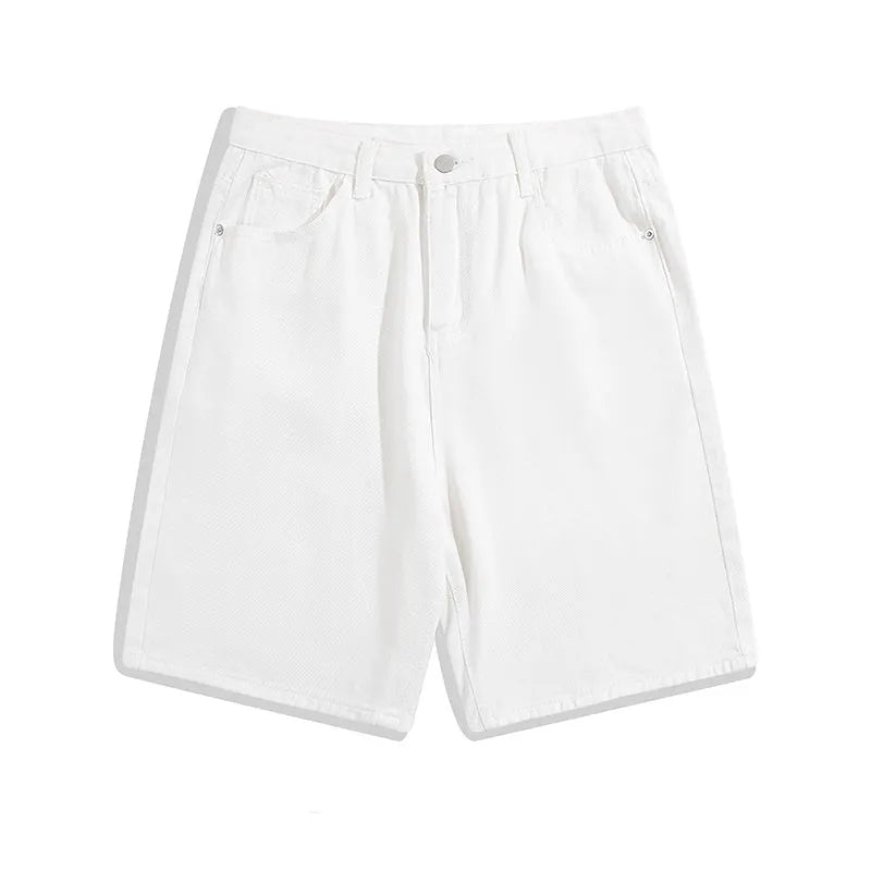Men's light blue denim shorts with straight legs and a zipper fly on a mid-rise waist.