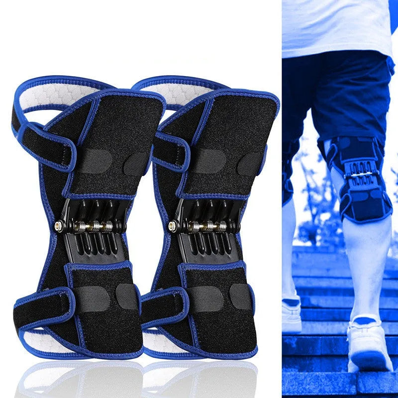 Black spring knee brace with adjustable straps on a grey background