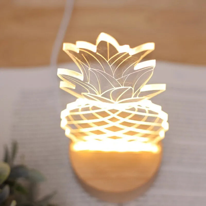 Cartoon pineapple shaped bedside table lamp with wood base and acrylic top, showing dimmer controls