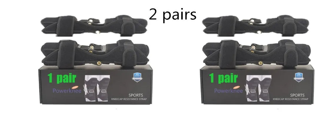 Black spring knee brace with adjustable straps on a grey background