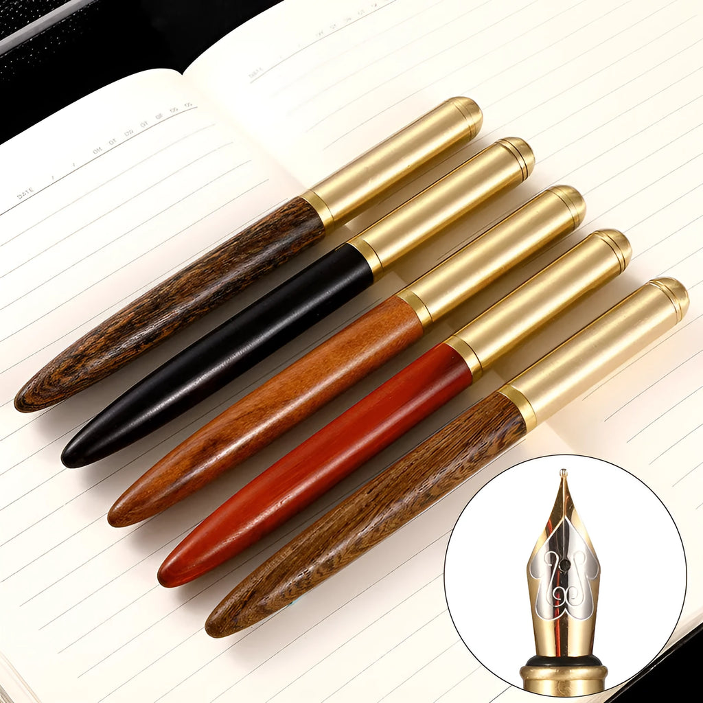 Business fountain pen with stainless steel nib and wooden body in rosewood finish on white background