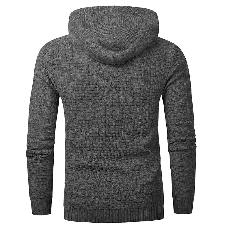 Men's cotton-polyester hoodie in a choice of nine colours on a size chart background