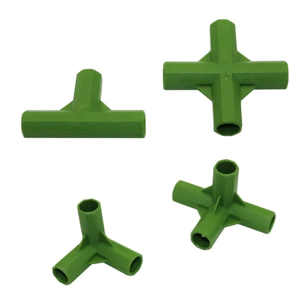 White plastic three-way and four-way garden stake connectors for 11mm poles