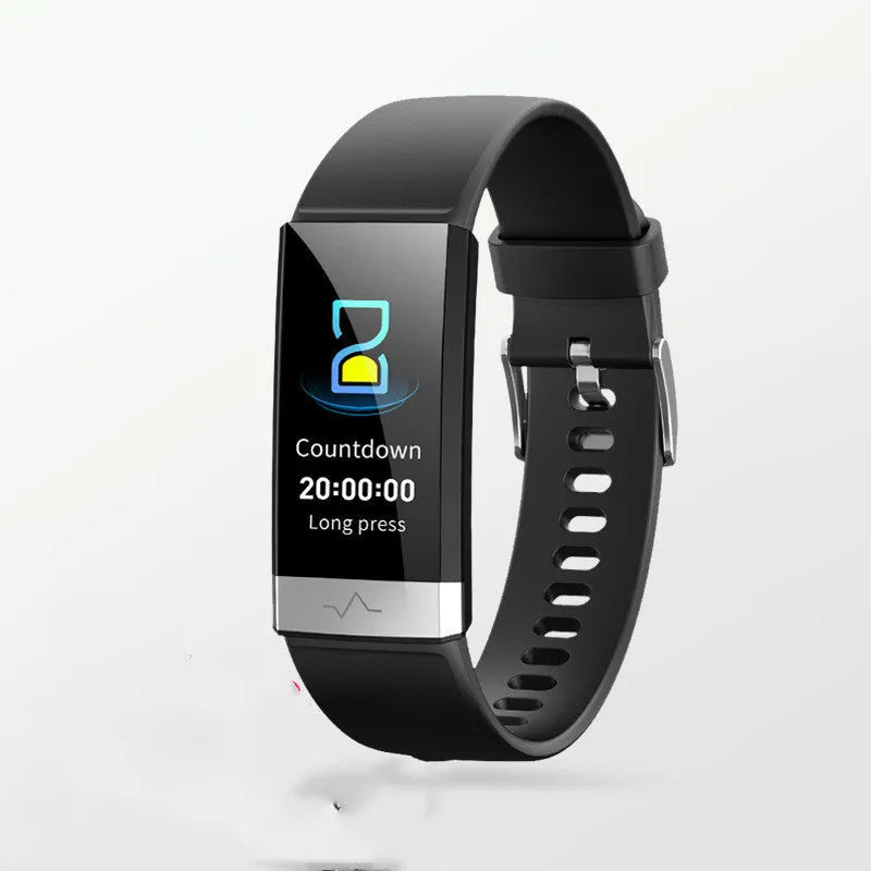 V19 smart fitness bracelet with colour screen on a wrist, shown in black, blue, and red colour options.