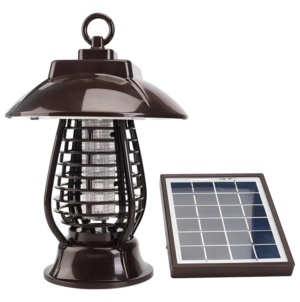 Black solar-powered mosquito lamp with solar panel on top and 24 LED lights for outdoor garden insect control.