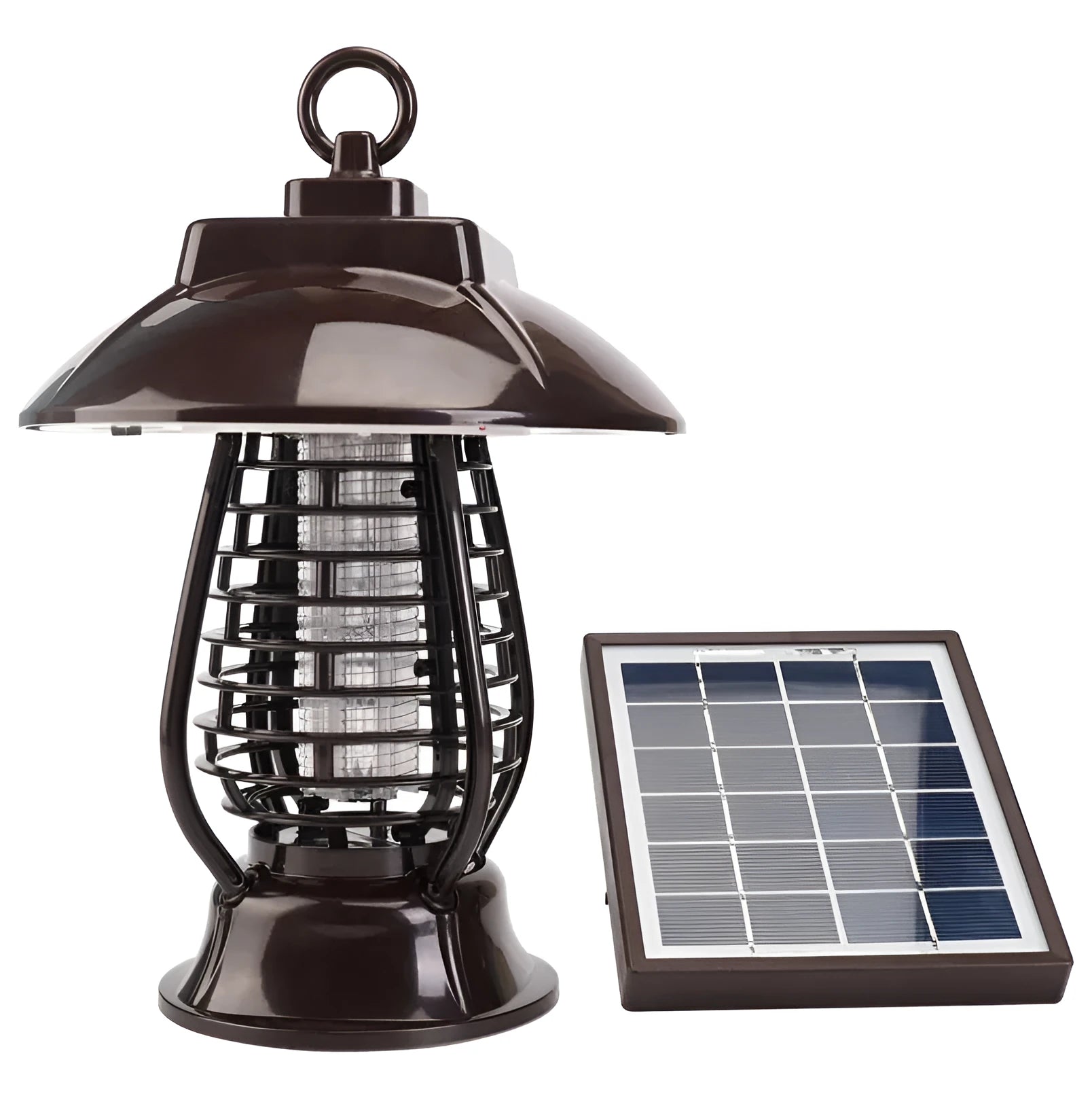 Black solar-powered mosquito lamp with solar panel on top and 24 LED lights for outdoor garden insect control.