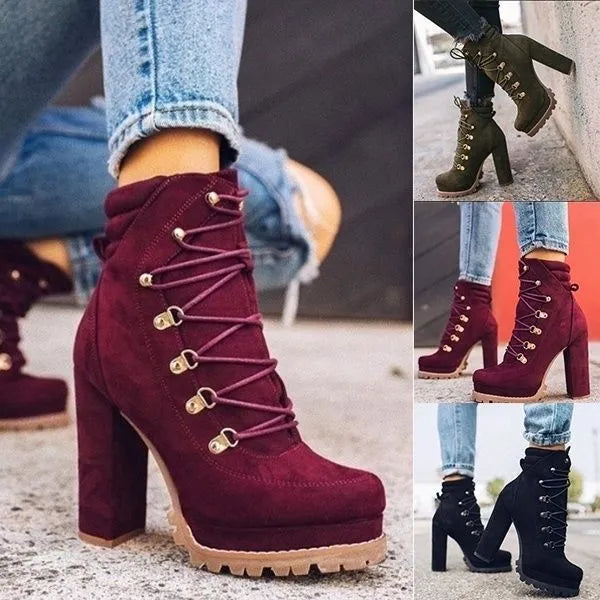 Women's suede Roman boots with thick high heel above 8cm in army green colour with rivet and buckle details