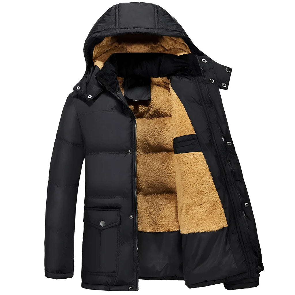 Men's black velvet padded winter jacket with hood and double-breasted placket in loose fit style