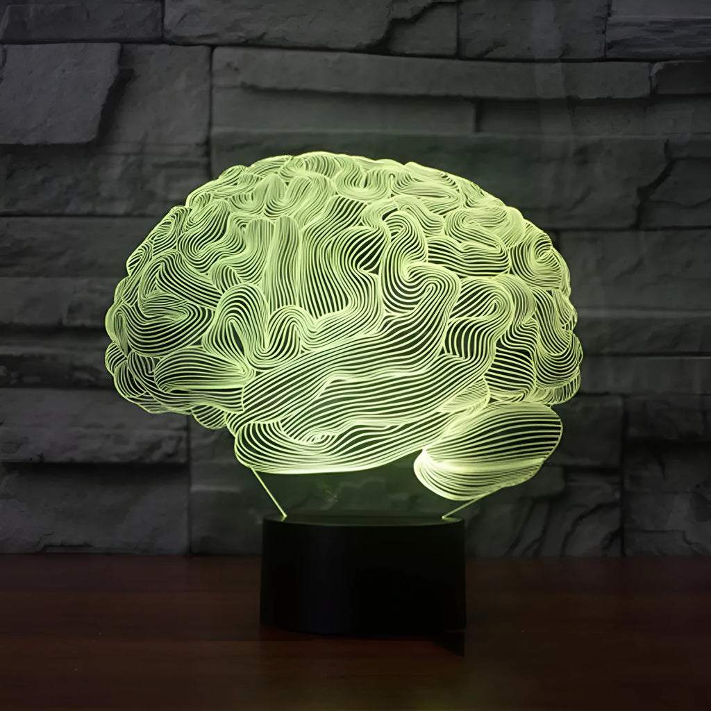 3D brain illusion LED desk lamp with acrylic construction and remote control showing colour changing display