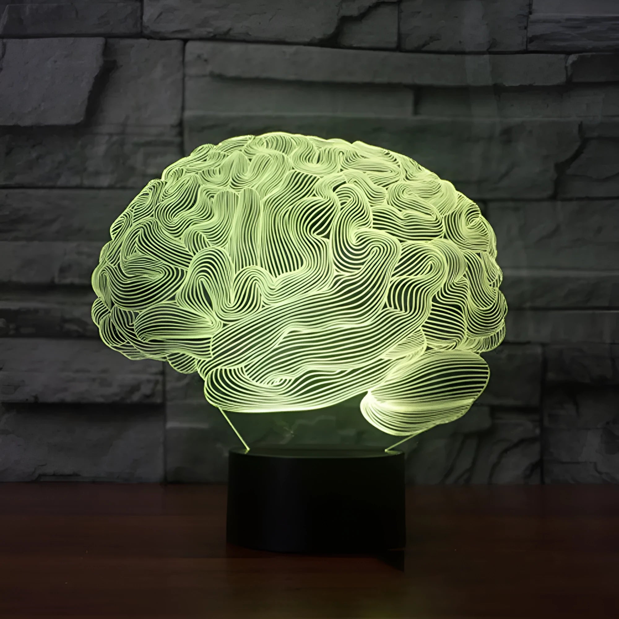 3D brain illusion LED desk lamp with acrylic construction and remote control showing colour changing display
