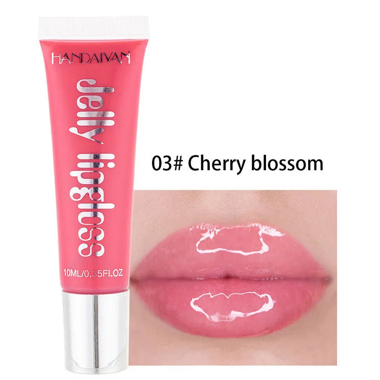 Jelly glass moisturising lip gloss tube in Pearl White shade with carton packaging and 12 colour options