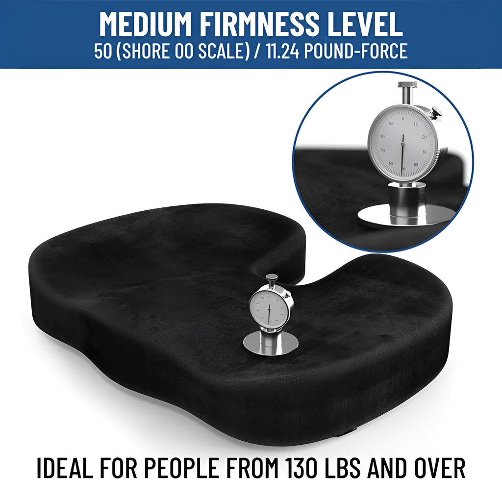 Black flannel U-shaped memory foam seat cushion for office chairs, dimensions 46cm x 36cm.