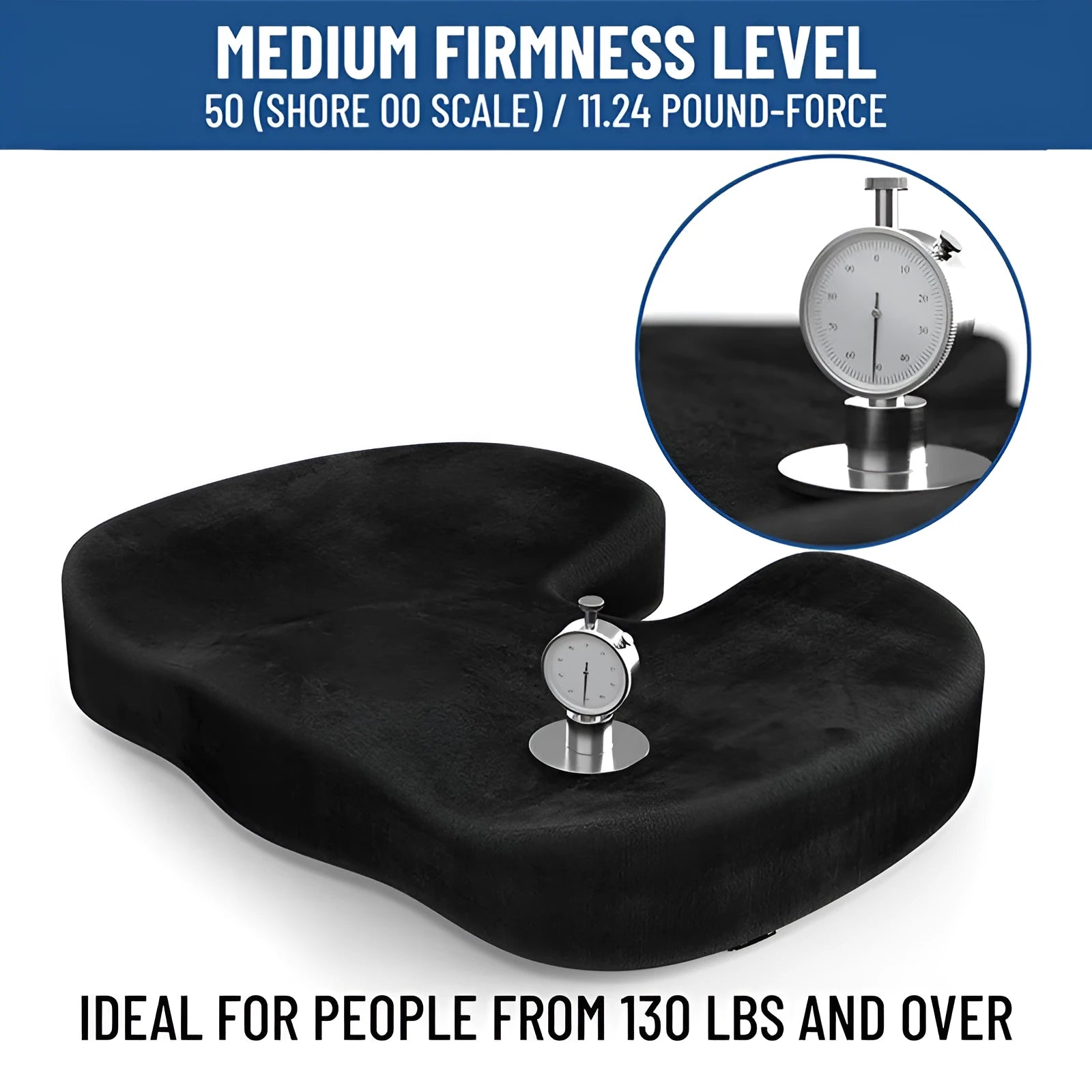 Black flannel U-shaped memory foam seat cushion for office chairs, dimensions 46cm x 36cm.