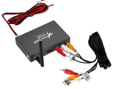 Black Car Mirror Link Box Wi-Fi converter with power cable, AV cable, antenna, and user manual.