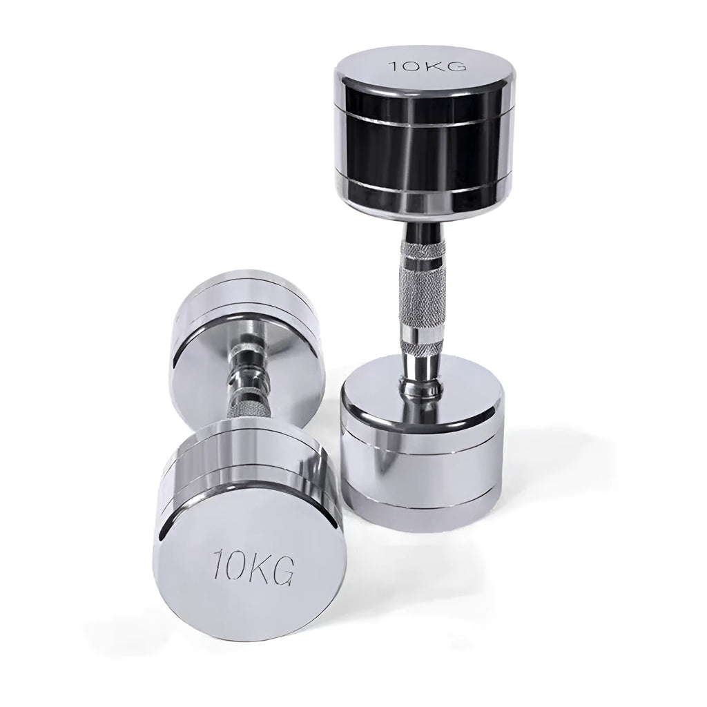 Silver pure steel electroplated dumbbell with ergonomic grip on a grey background.