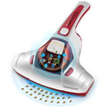 Handheld vacuum cleaner mite killer device with UV-C light in pink colour showing 300W motor and dust collection container
