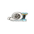 White reflective car sticker with a cartoon snail design, sized 12 by 8 centimetres