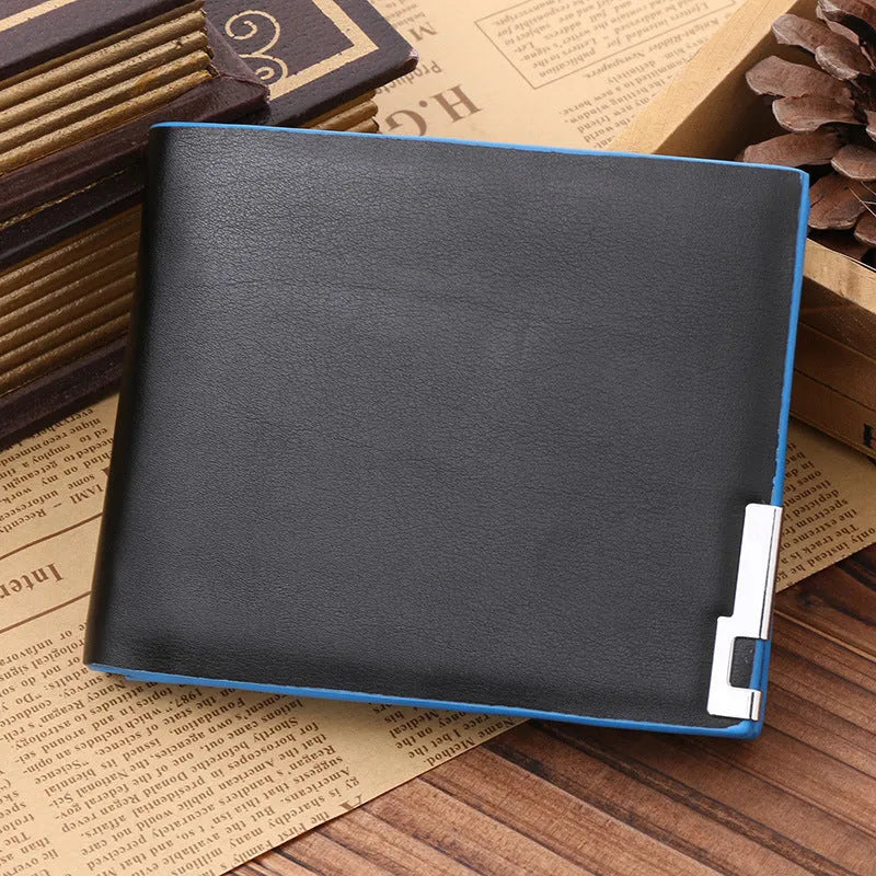 Man wallet PU leather black with blue edge bifold 3 card slots 12cm long 10cm wide