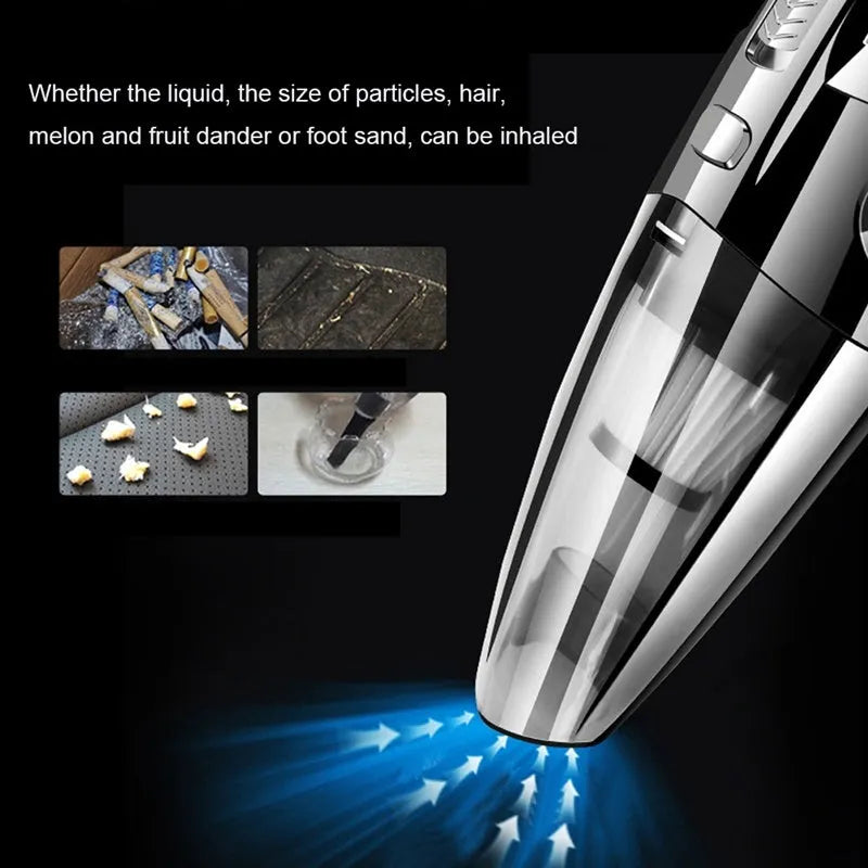 Black portable rechargeable car vacuum cleaner with 120W motor and 2200mAh lithium battery on a white surface