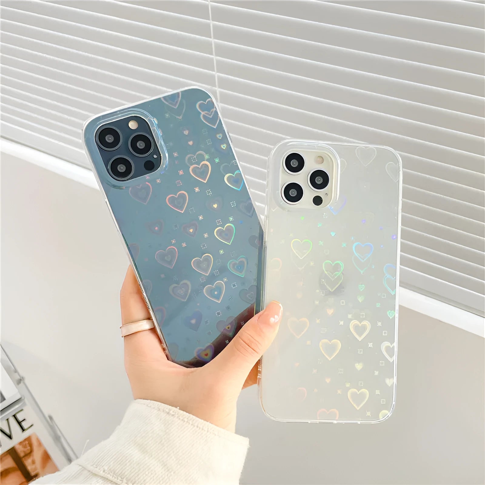 Transparent silicone iPhone case with laser colourful love design showing butterfly and clear colour options
