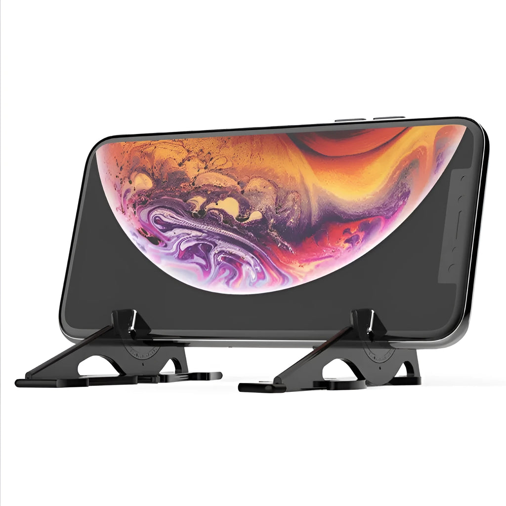 Black plastic lazy bracket mobile phone holder on a desktop
