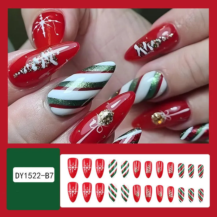 24pcs Christmas false nails with hat striped snowflake nail art stickers, eight colour options, full set