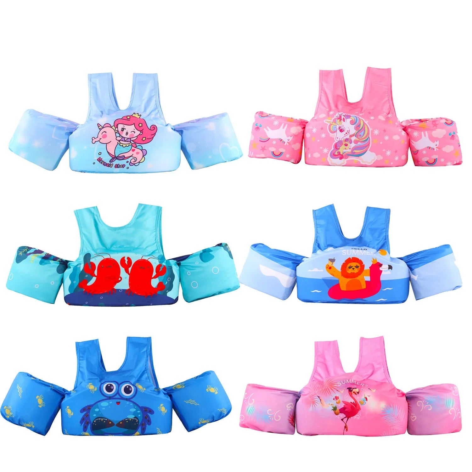 Cartoon-themed children's inflatable armband swimming ring in multiple colour patterns including blue crab and watermelon pineapple designs