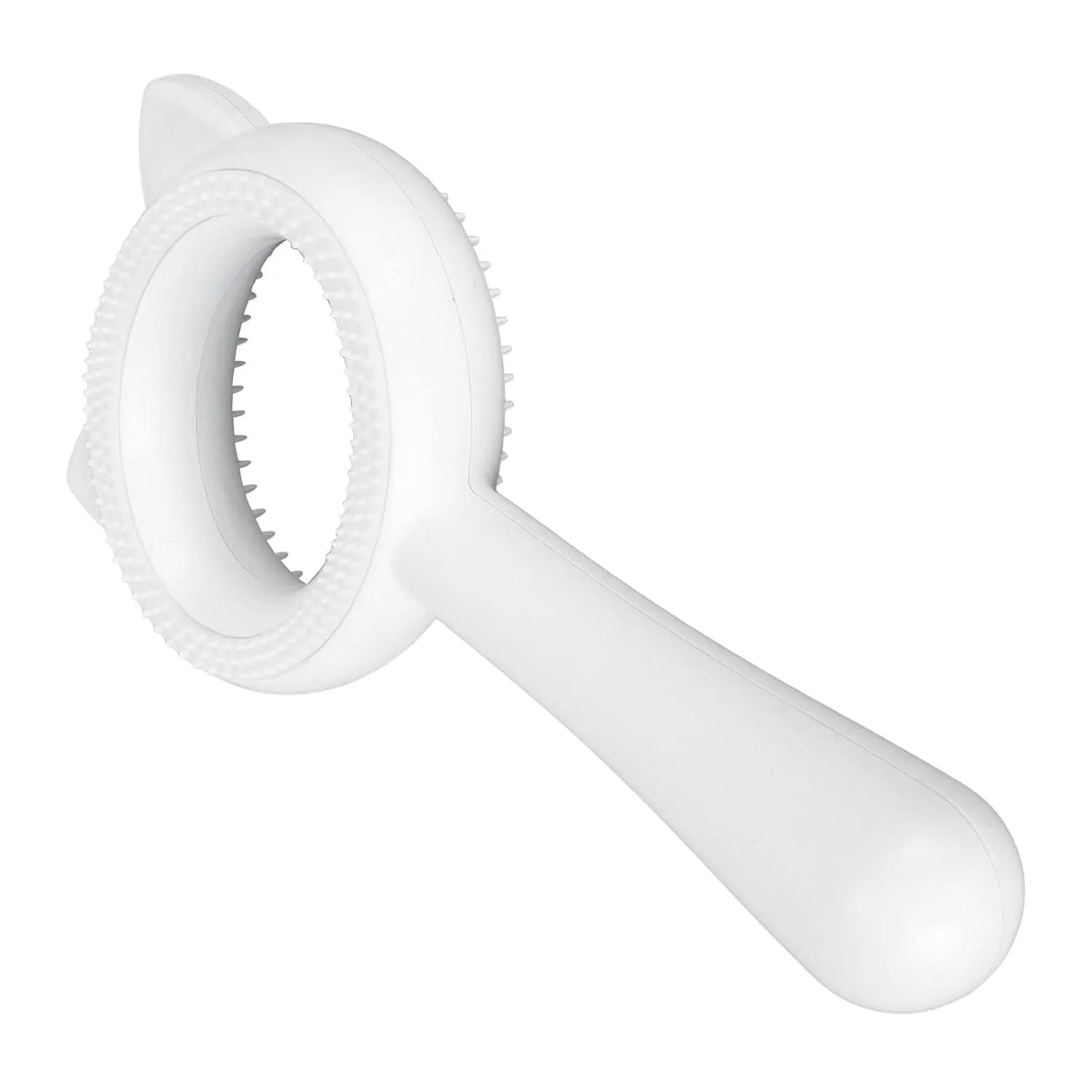 Blue and white double-sided pet grooming brush with deshedding teeth and massage comb on opposite sides