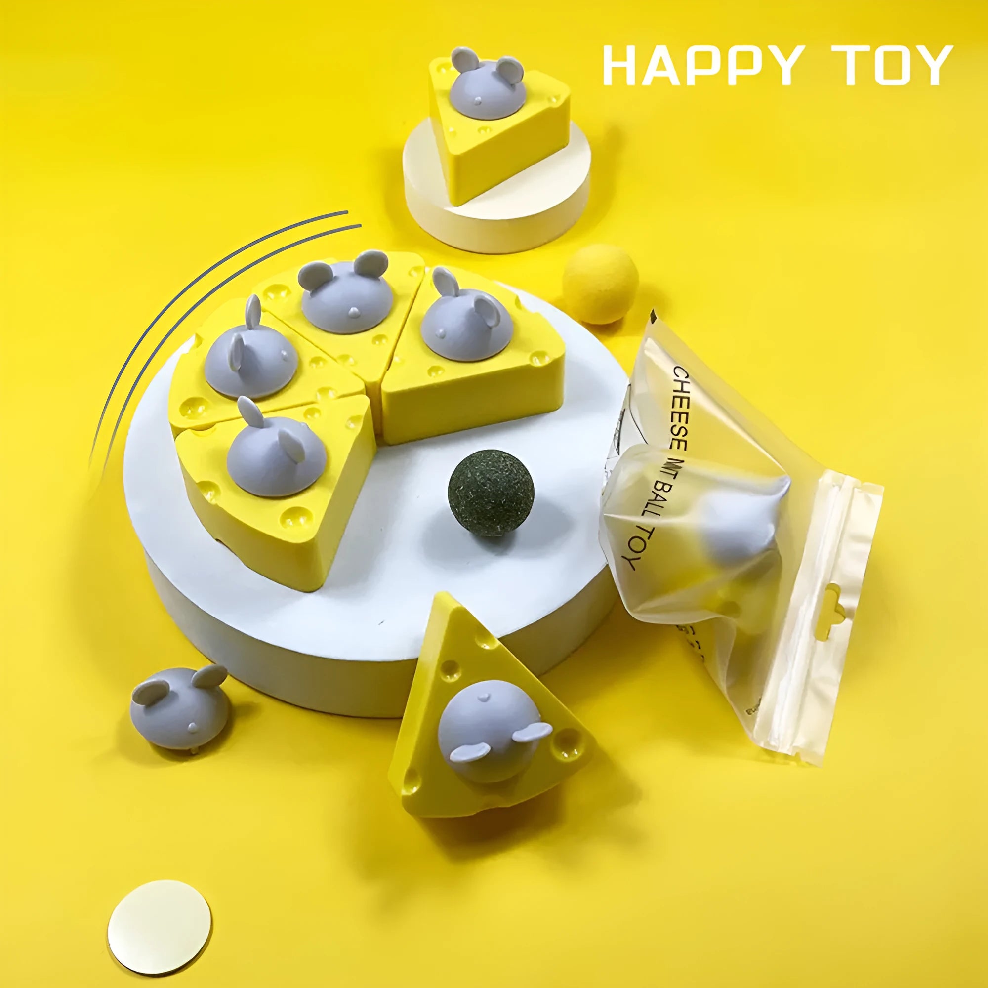Yellow cheese-shaped cat toy ball with textured surface for teeth cleaning, filled with catnip and silvervine.