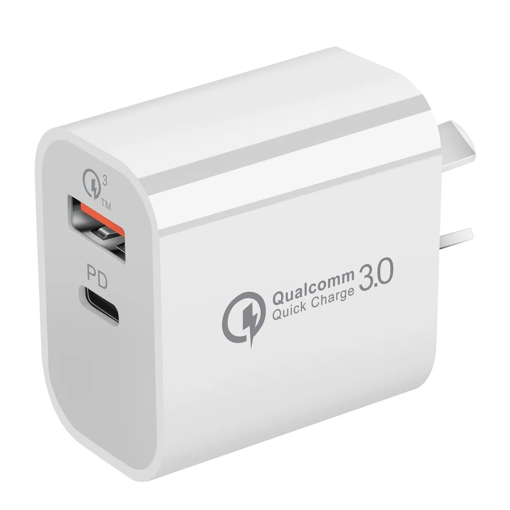 White dual port Australian standard wall charger with USB-A and USB-C ports, 63x40x22mm